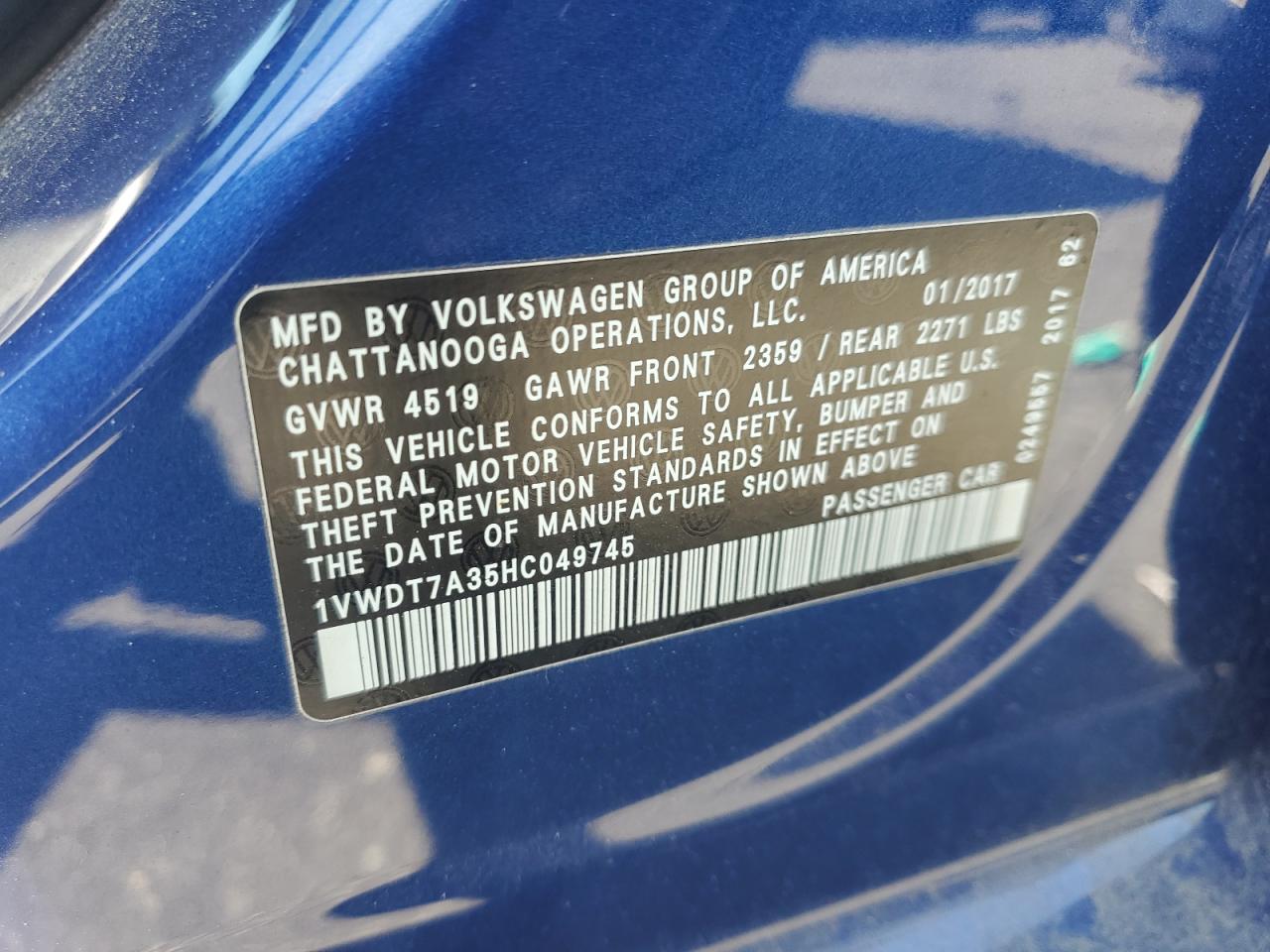 2017 Volkswagen Passat R-Line VIN: 1VWDT7A35HC049745 Lot: 65655525