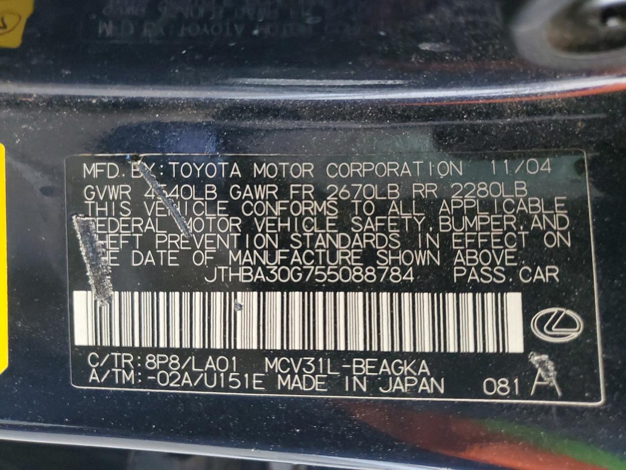 jthba30g755088784 JTHBA30G755088784 2005 Lexus Es 330