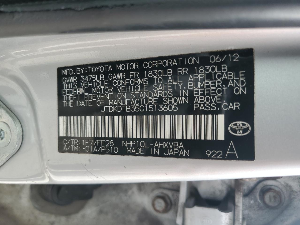 2012 Toyota Prius C VIN: JTDKDTB35C1513605 Lot: 64259085