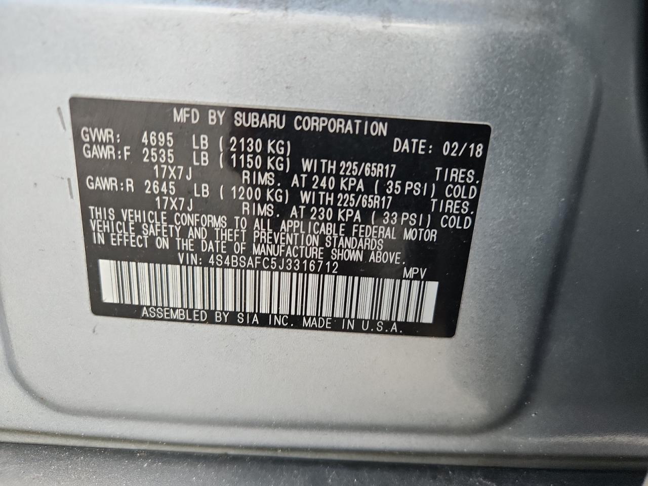 2018 Subaru Outback 2.5I Premium VIN: 4S4BSAFC5J3316712 Lot: 65372955