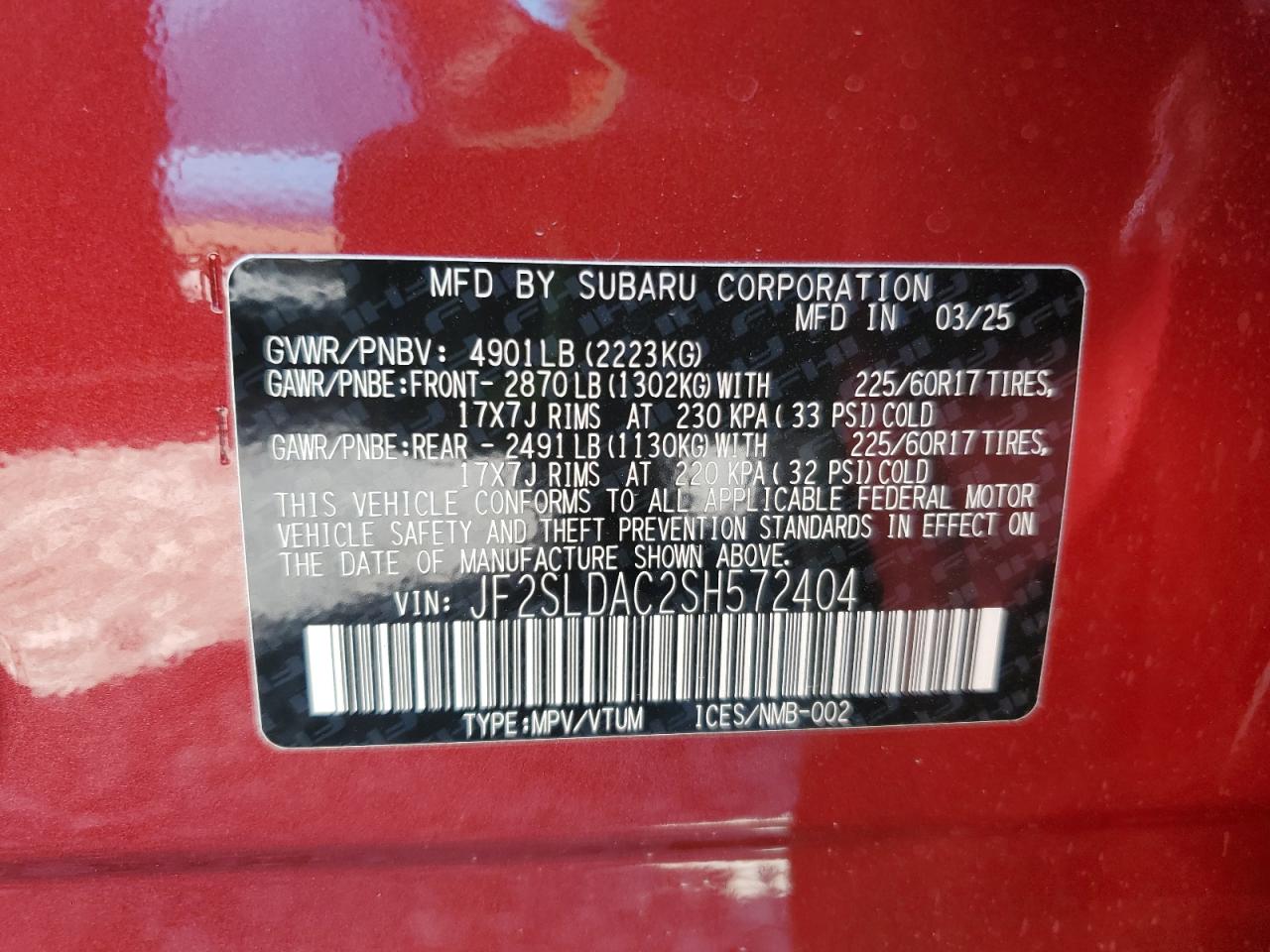 2025 Subaru Forester VIN: JF2SLDAC2SH572404 Lot: 63147745