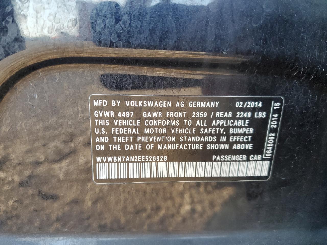 2014 Volkswagen Cc Sport VIN: WVWBN7AN2EE526928 Lot: 63263095