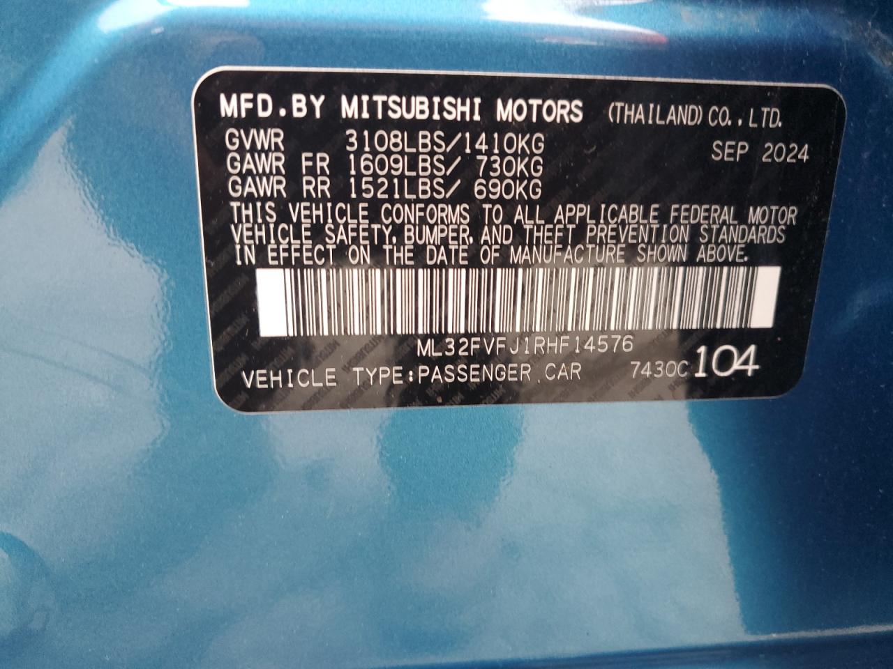 2024 Mitsubishi Mirage G4 Se VIN: ML32FVFJ1RHF14576 Lot: 66879075