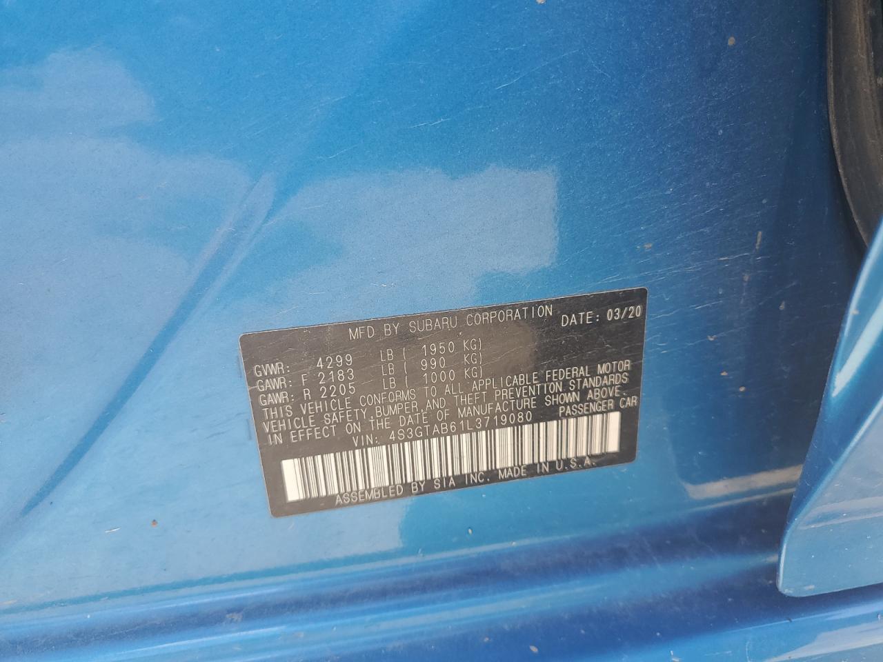 2020 Subaru Impreza VIN: 4S3GTAB61L3719080 Lot: 62282395