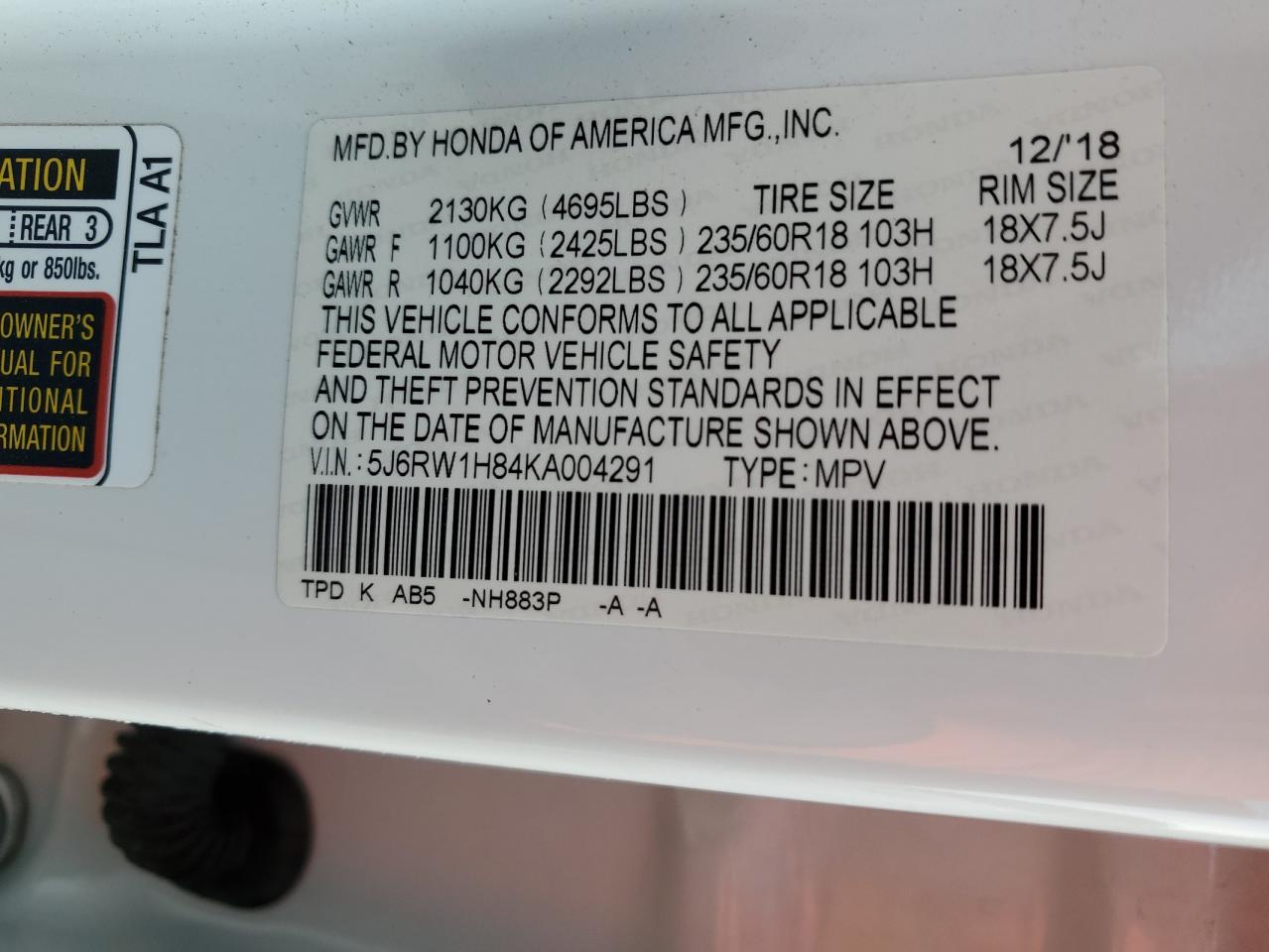 2019 Honda Cr-V Exl VIN: 5J6RW1H84KA004291 Lot: 62848775