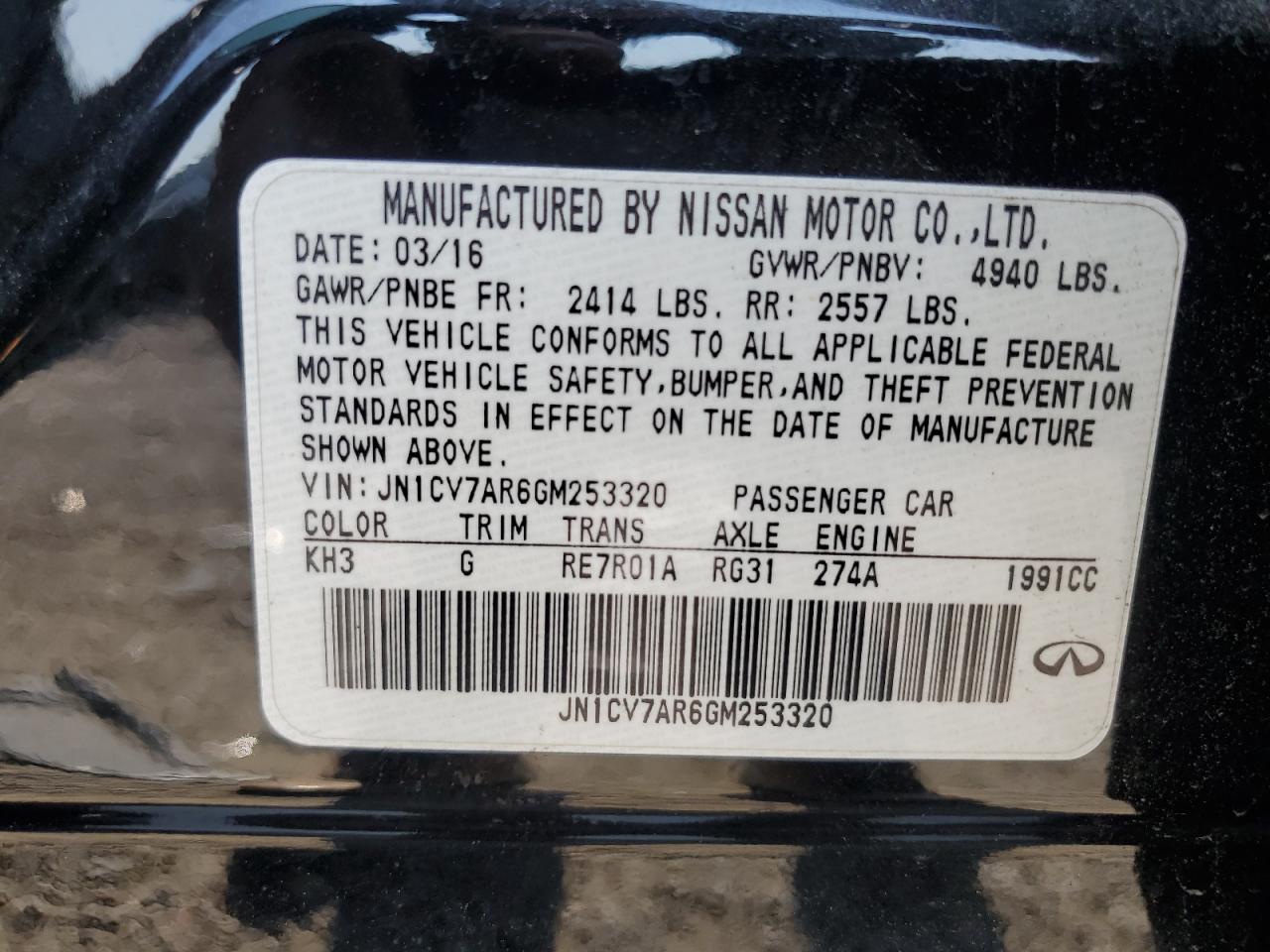 2016 Infiniti Q50 Base VIN: JN1CV7AR6GM253320 Lot: 66323545