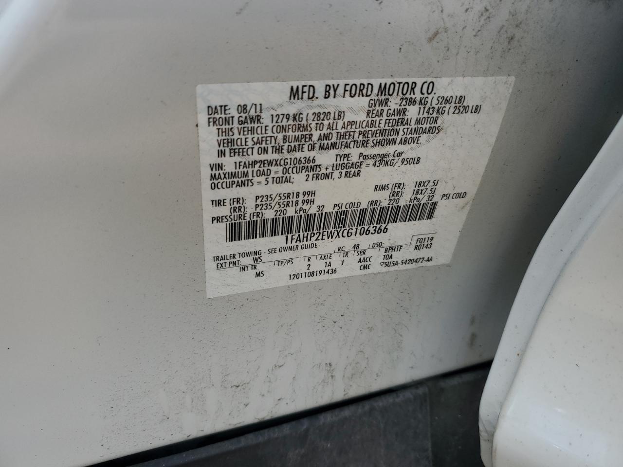 2012 Ford Taurus Sel VIN: 1FAHP2EWXCG106366 Lot: 65345225