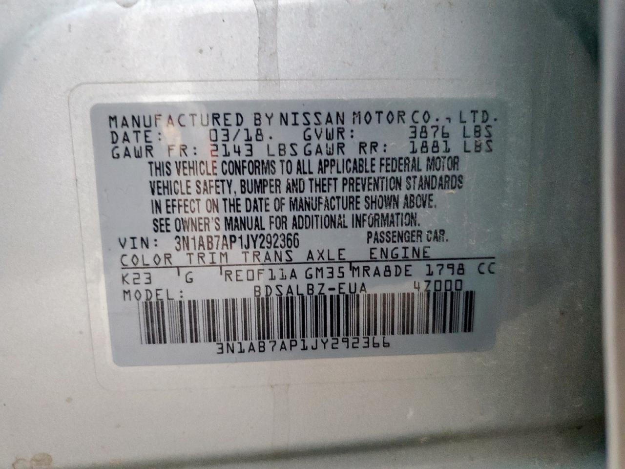 2018 Nissan Sentra S VIN: 3N1AB7AP1JY292366 Lot: 65343125