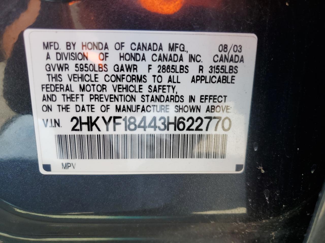 2003 Honda Pilot Ex VIN: 2HKYF18443H622770 Lot: 64883475