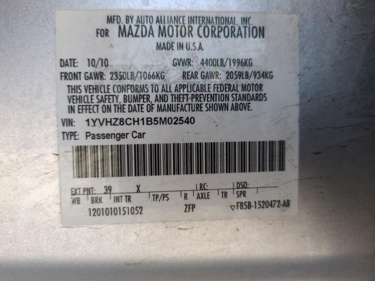2011 Mazda 6 I VIN: 1YVHZ8CH1B5M02540 Lot: 63671455