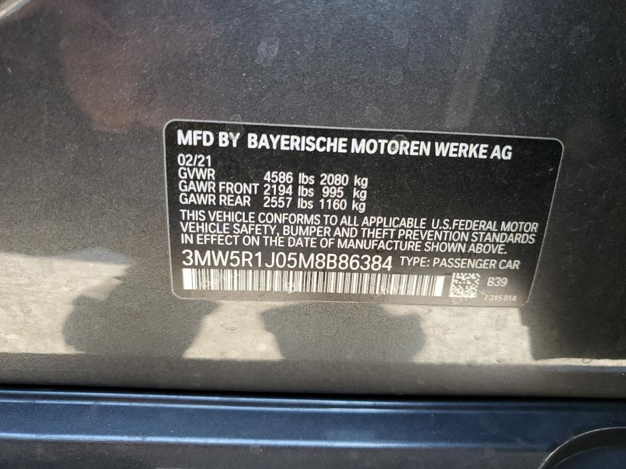 2021 BMW 330I VIN: 3MW5R1J05M8B86384 Lot: 65954815