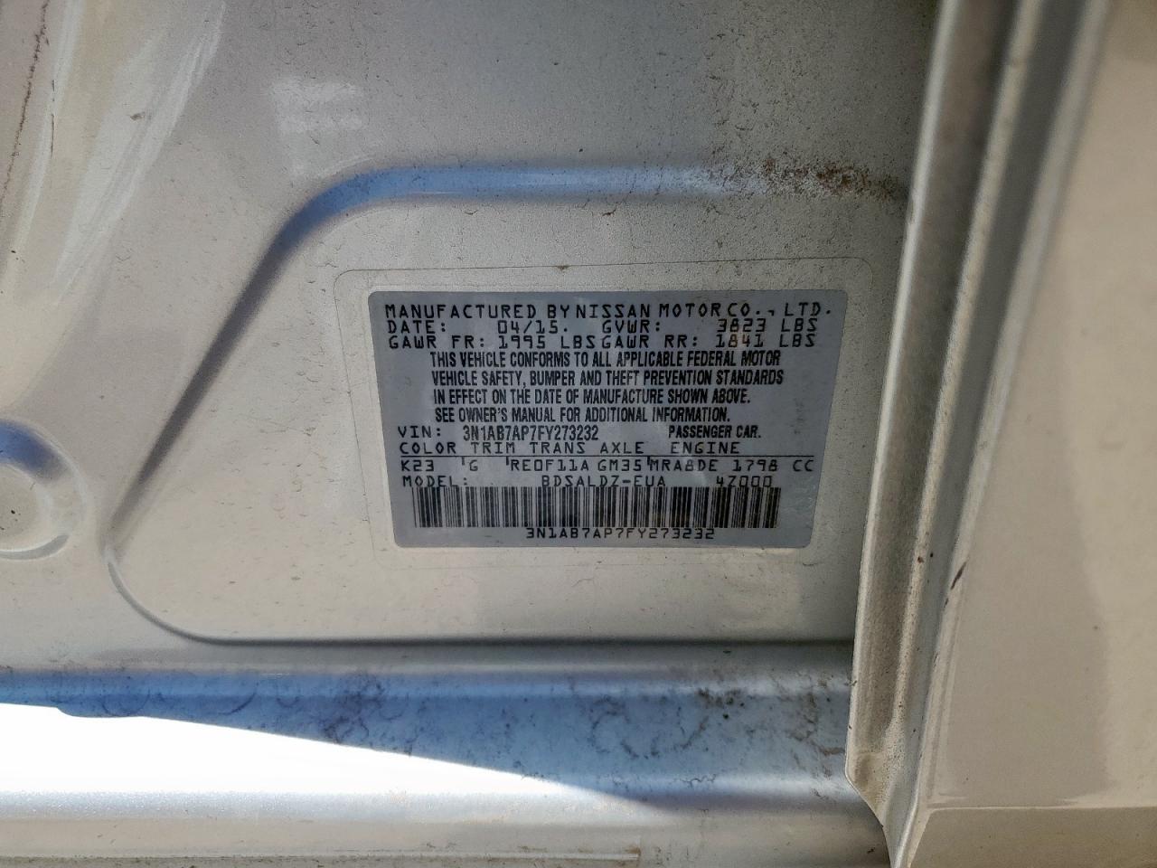 2015 Nissan Sentra S VIN: 3N1AB7AP7FY273232 Lot: 65474945