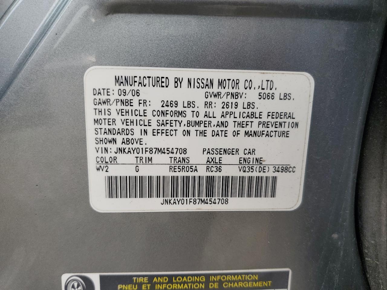2007 Infiniti M35 Base VIN: JNKAY01F87M454708 Lot: 64256035