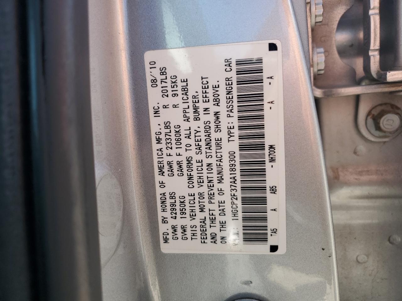 2010 Honda Accord Lx VIN: 1HGCP2F37AA189300 Lot: 64745375
