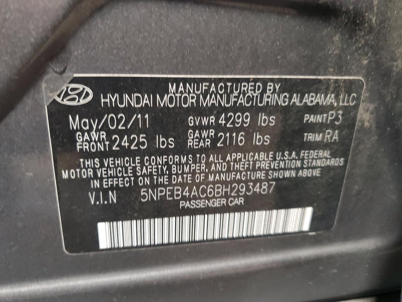 2011 Hyundai Sonata Gls VIN: 5NPEB4AC6BH293487 Lot: 64982555