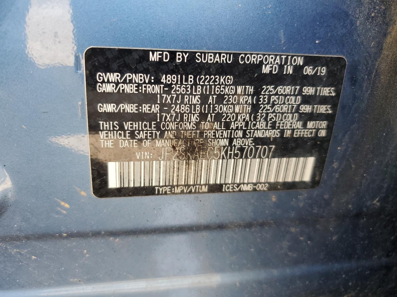 2019 Subaru Forester Premium VIN: JF2SKAEC5KH570707 Lot: 64124625