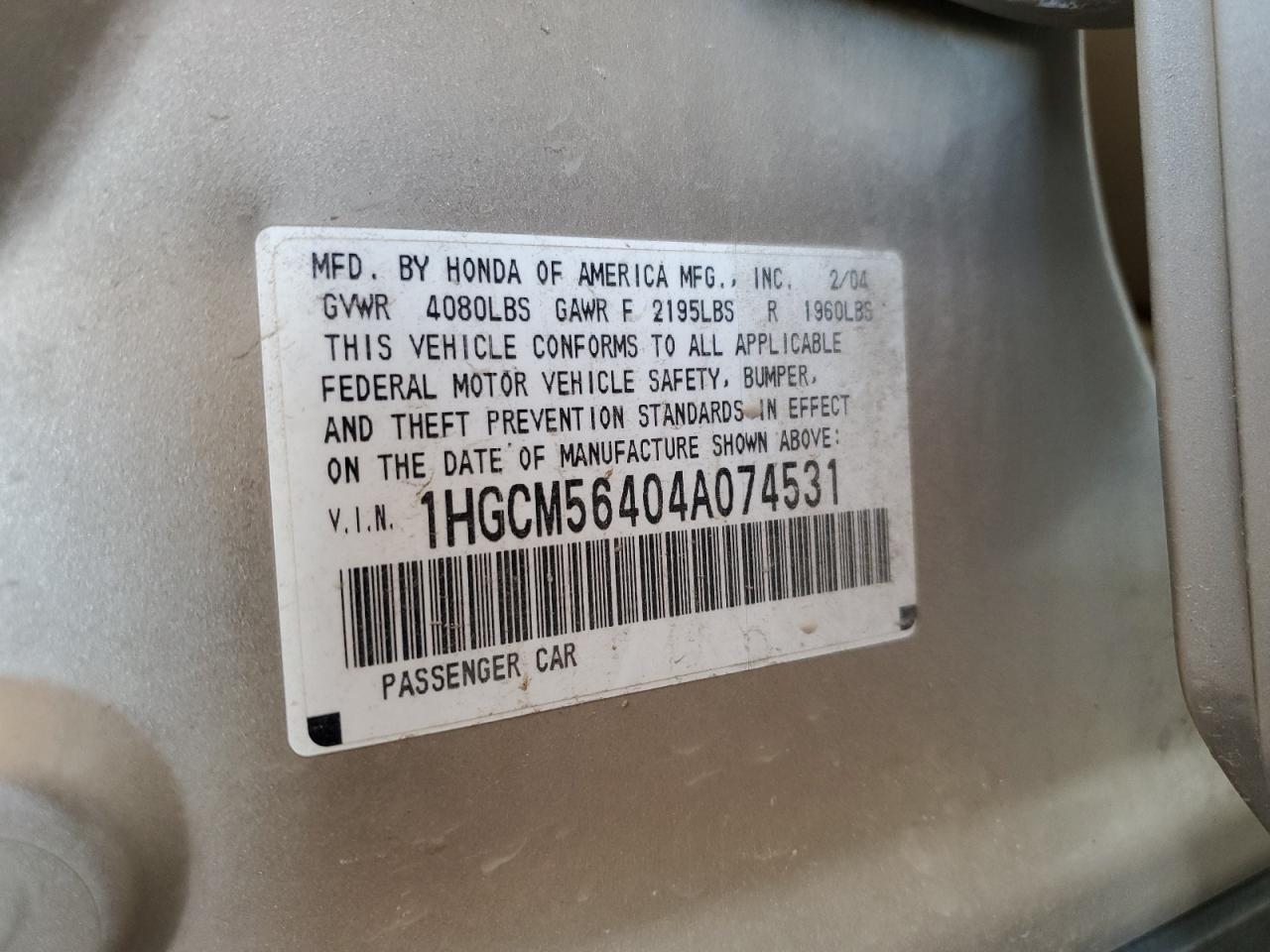 2004 Honda Accord Lx VIN: 1HGCM56404A074531 Lot: 64801615