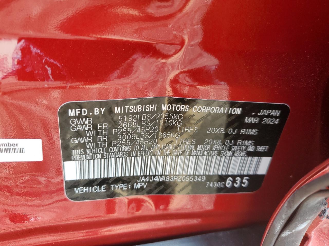 2024 Mitsubishi Outlander Sel VIN: JA4J4WA83RZ055349 Lot: 61895235