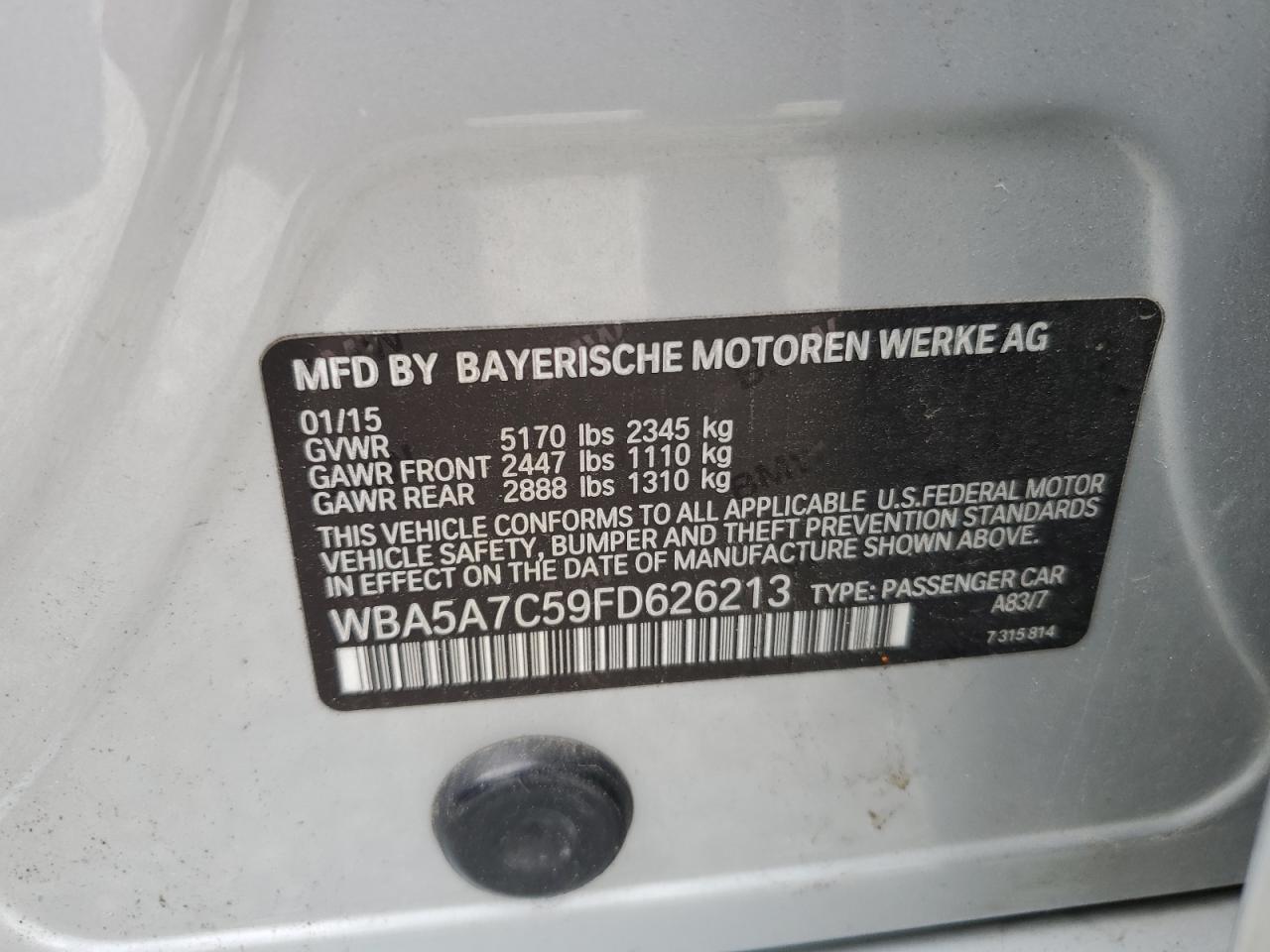 2015 BMW 528 Xi VIN: WBA5A7C59FD626213 Lot: 67080215