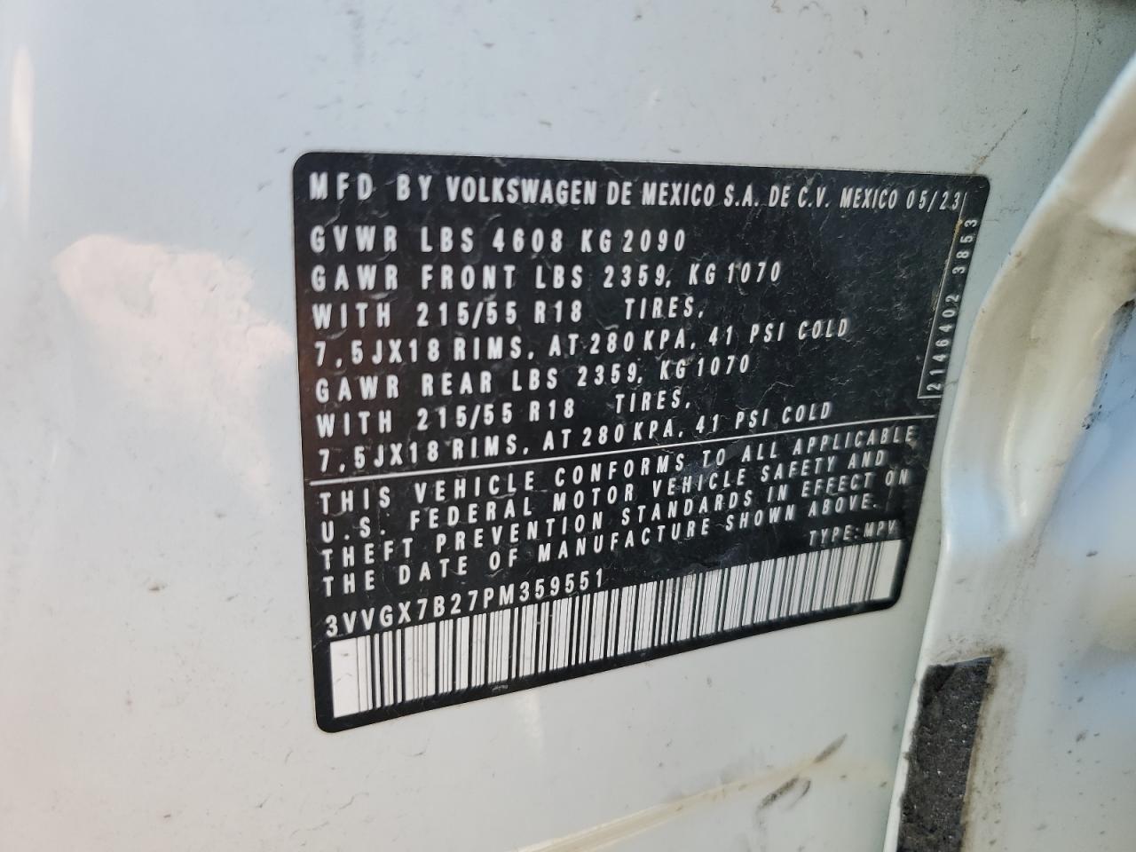 2023 Volkswagen Taos S VIN: 3VVGX7B27PM359551 Lot: 63404605