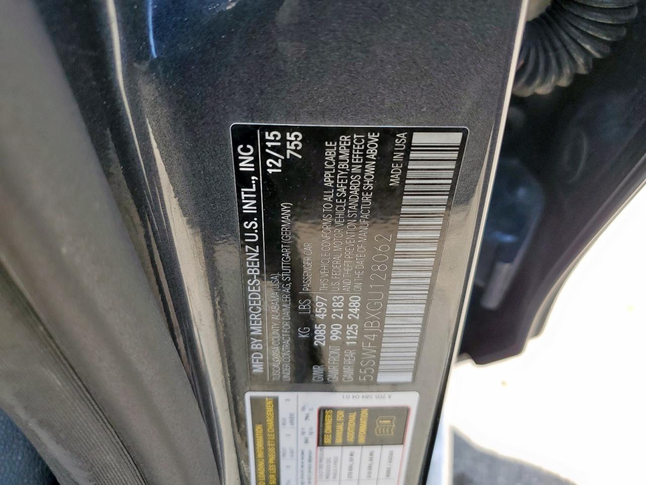 2016 Mercedes-Benz C 300 VIN: 55SWF4JBXGU128062 Lot: 64557715