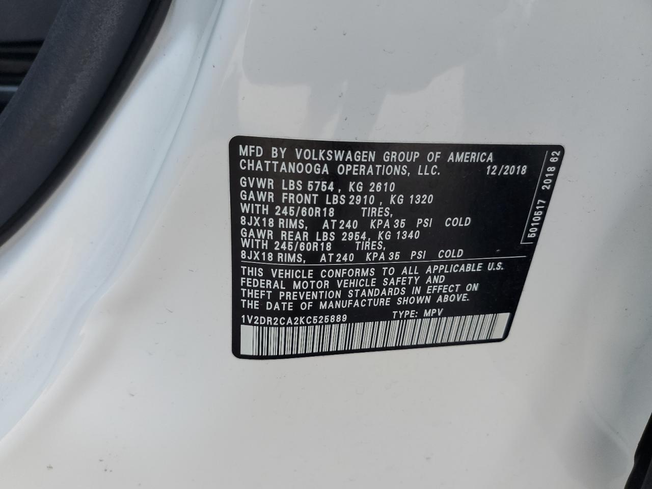 2019 Volkswagen Atlas Se VIN: 1V2DR2CA2KC525889 Lot: 63623865