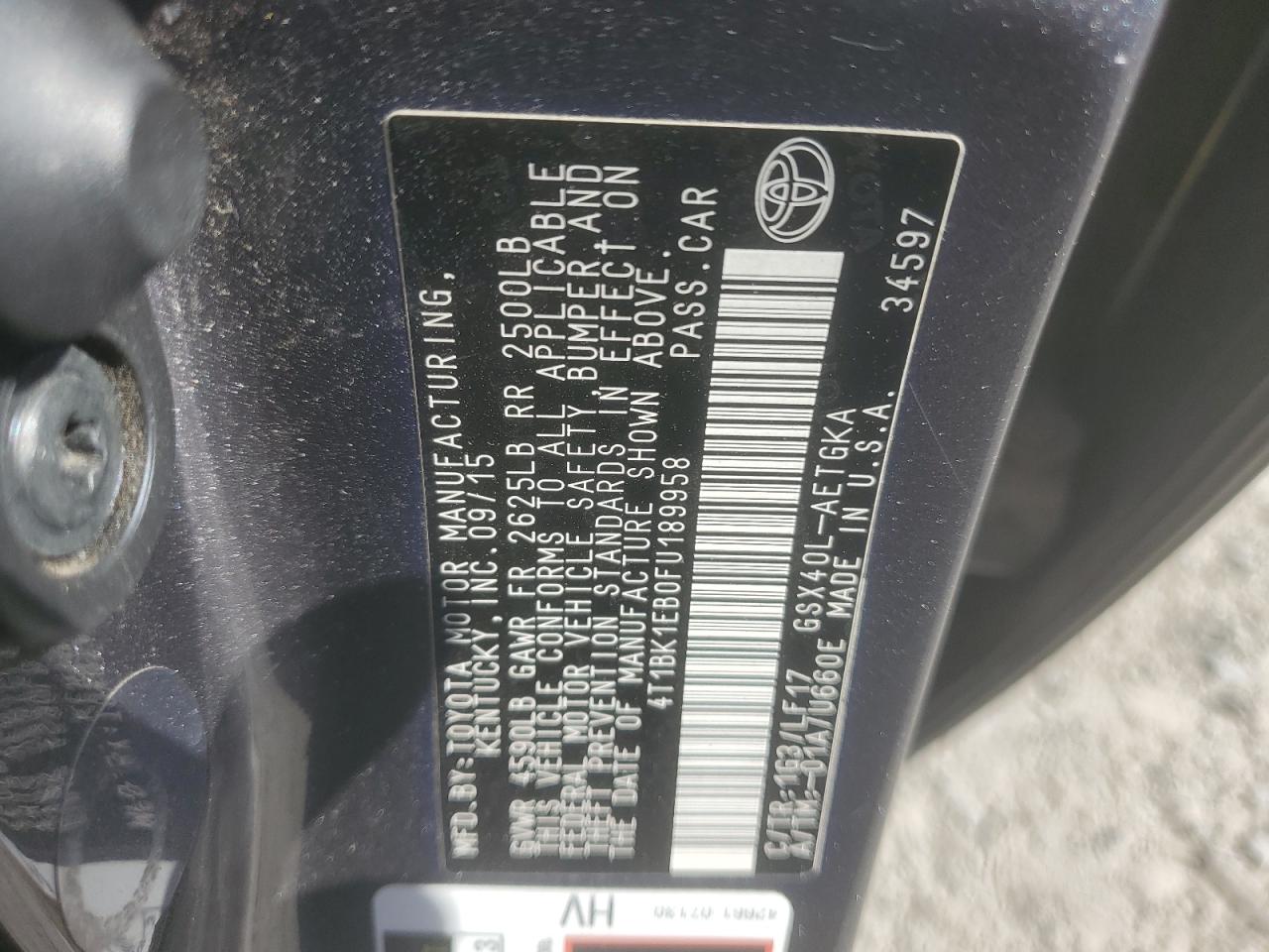 2015 Toyota Avalon Xle VIN: 4T1BK1EB0FU189958 Lot: 63476725
