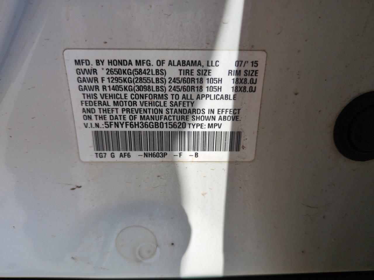 2016 Honda Pilot Ex VIN: 5FNYF6H36GB015620 Lot: 66006375