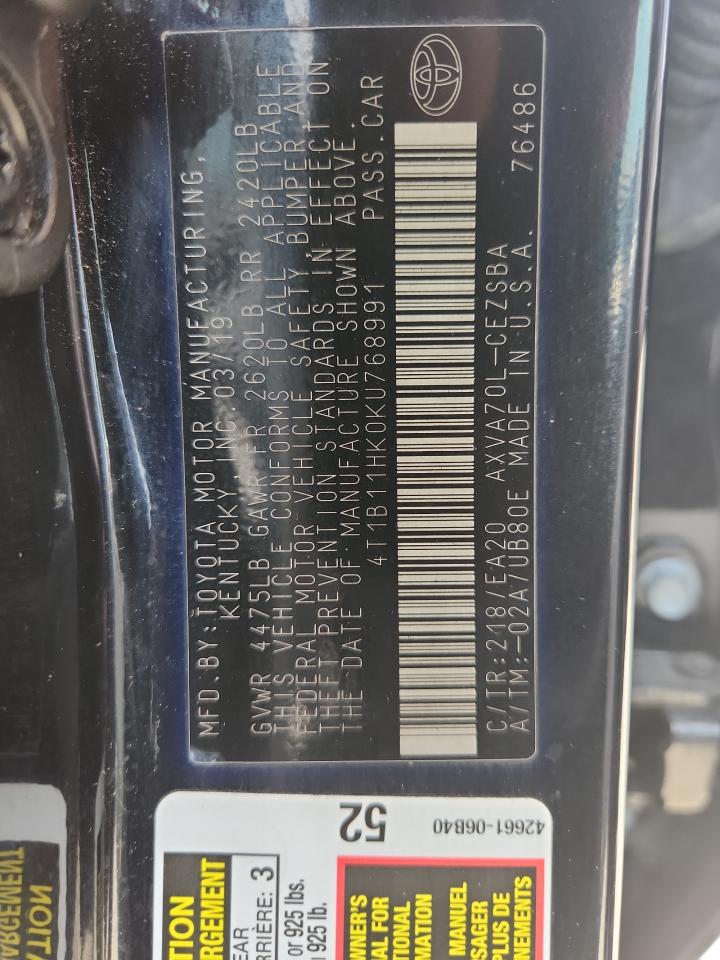 2019 Toyota Camry L VIN: 4T1B11HK0KU768991 Lot: 65030245