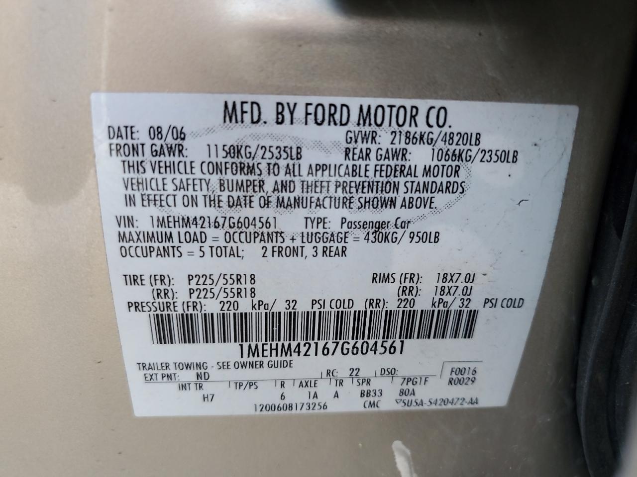 2007 Mercury Montego Premier VIN: 1MEHM42167G604561 Lot: 64847095