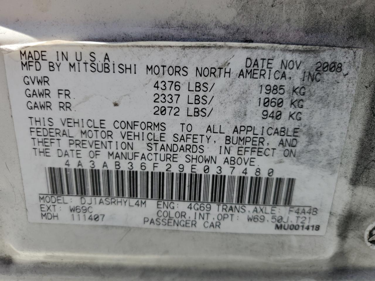 2009 Mitsubishi Galant Es VIN: 4A3AB36F29E037480 Lot: 64031405
