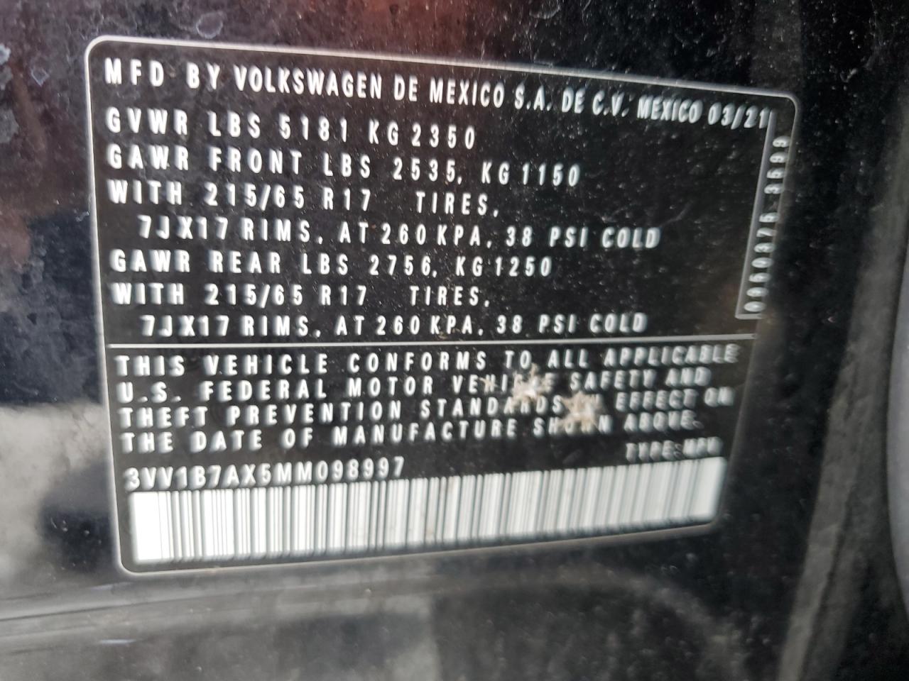 2021 Volkswagen Tiguan S VIN: 3VV1B7AX5MM098997 Lot: 64575815
