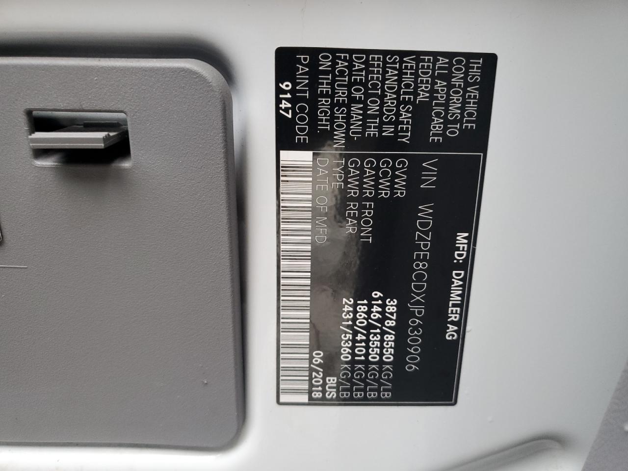 2018 Mercedes-Benz Sprinter 2500 VIN: WDZPE8CDXJP630906 Lot: 65997535