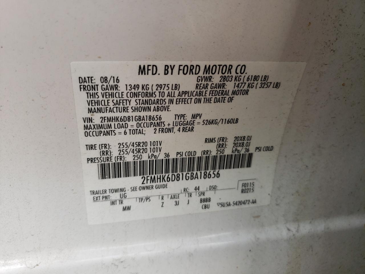 2016 Ford Flex Limited VIN: 2FMHK6D81GBA18656 Lot: 62999485