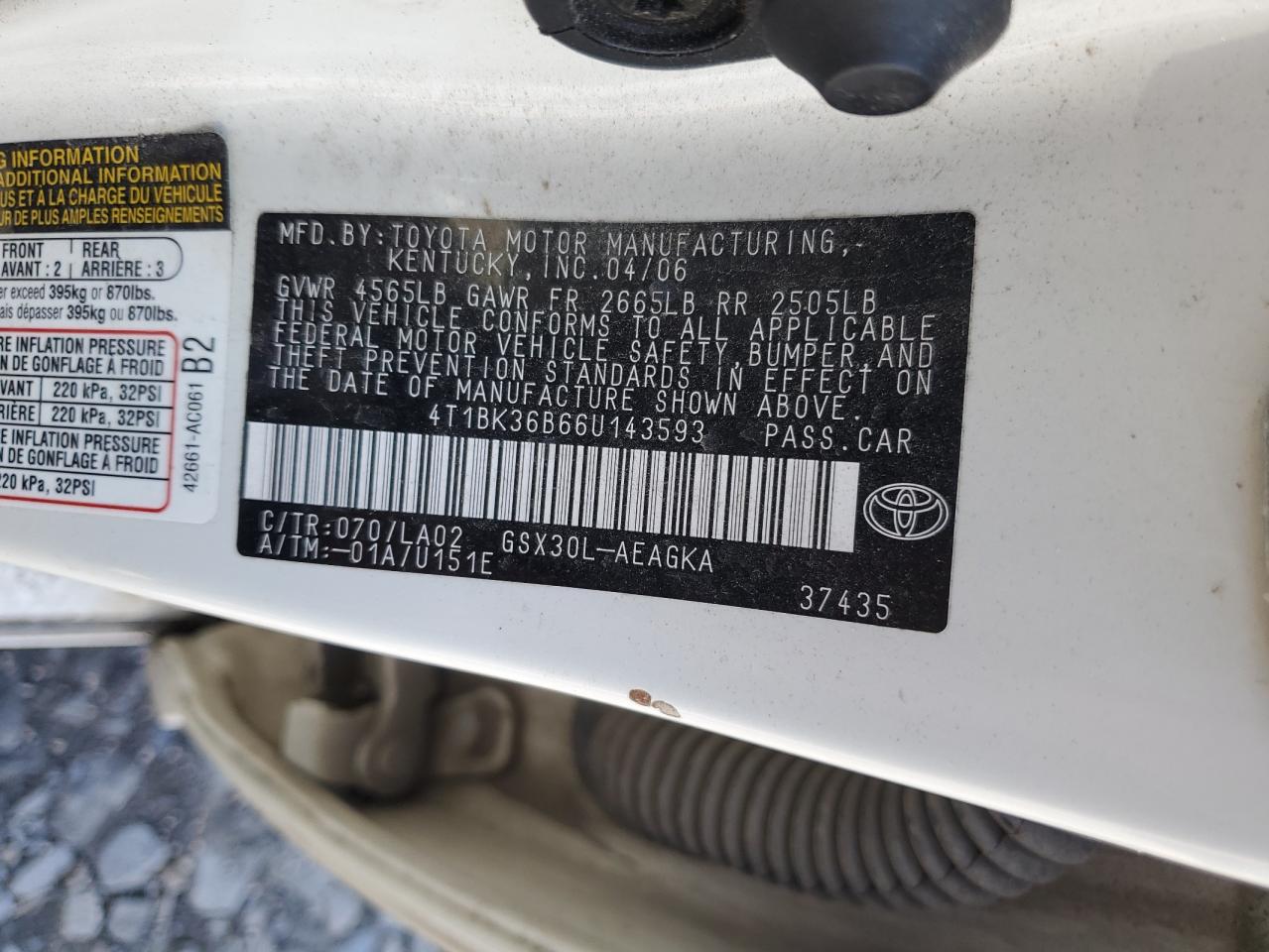 2006 Toyota Avalon Xl VIN: 4T1BK36B66U143593 Lot: 64548635