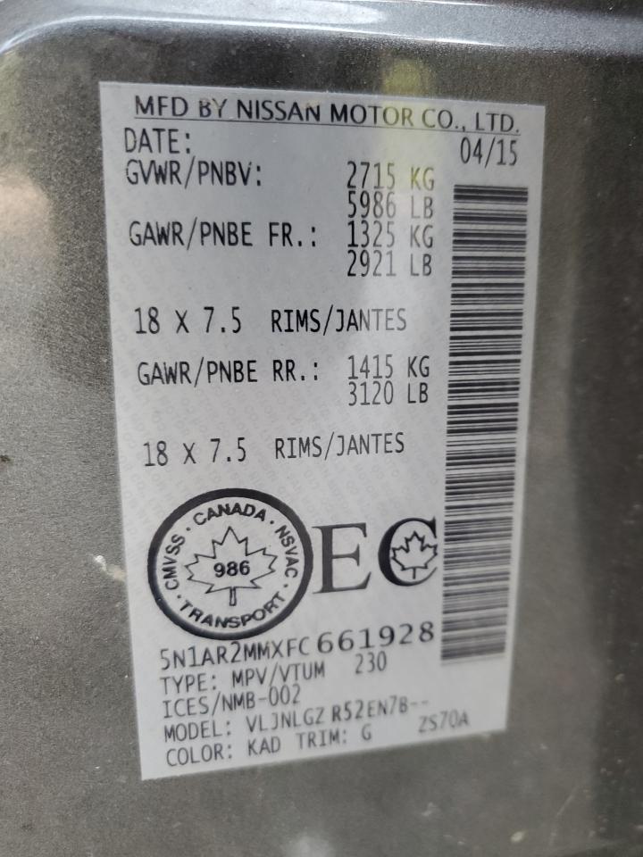 2015 Nissan Pathfinder S VIN: 5N1AR2MMXFC661928 Lot: 63875565