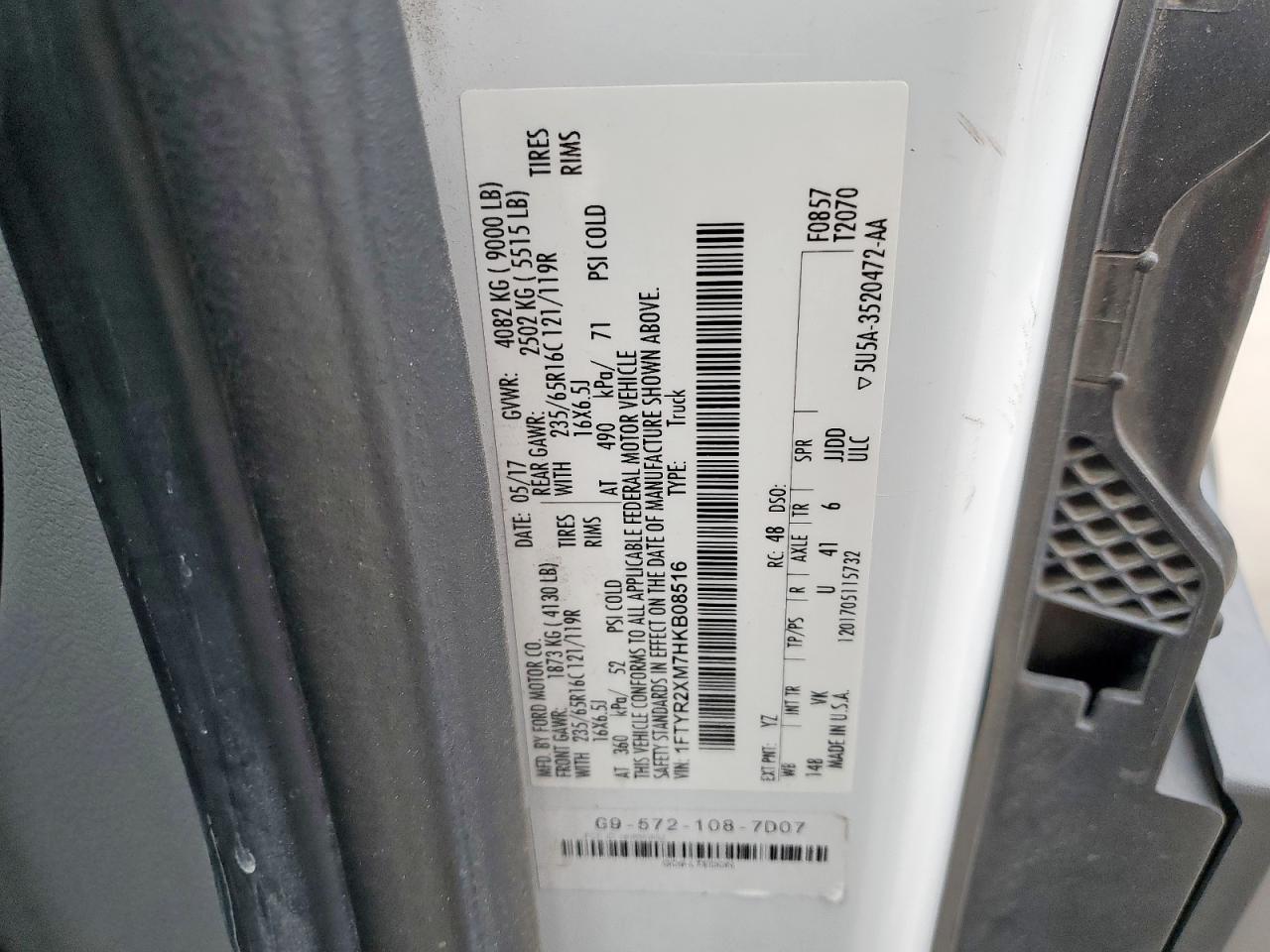 2017 Ford Transit T-250 VIN: 1FTYR2XM7HKB08516 Lot: 63045505