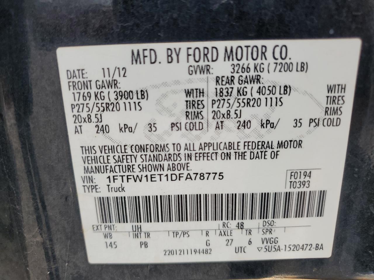 2013 Ford F150 Supercrew VIN: 1FTFW1ET1DFA78775 Lot: 64831565