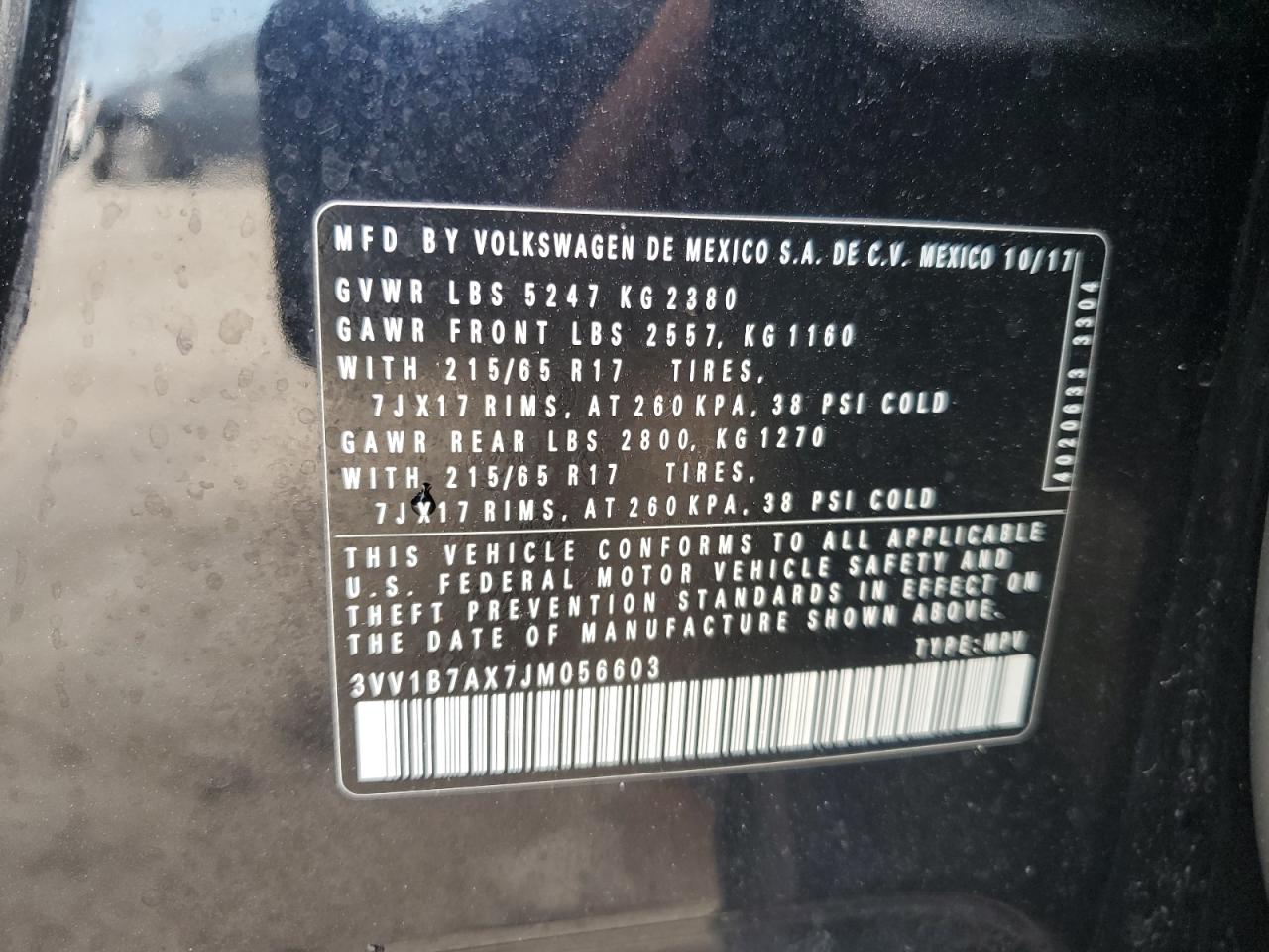 2018 Volkswagen Tiguan S VIN: 3VV1B7AX7JM056603 Lot: 63623245