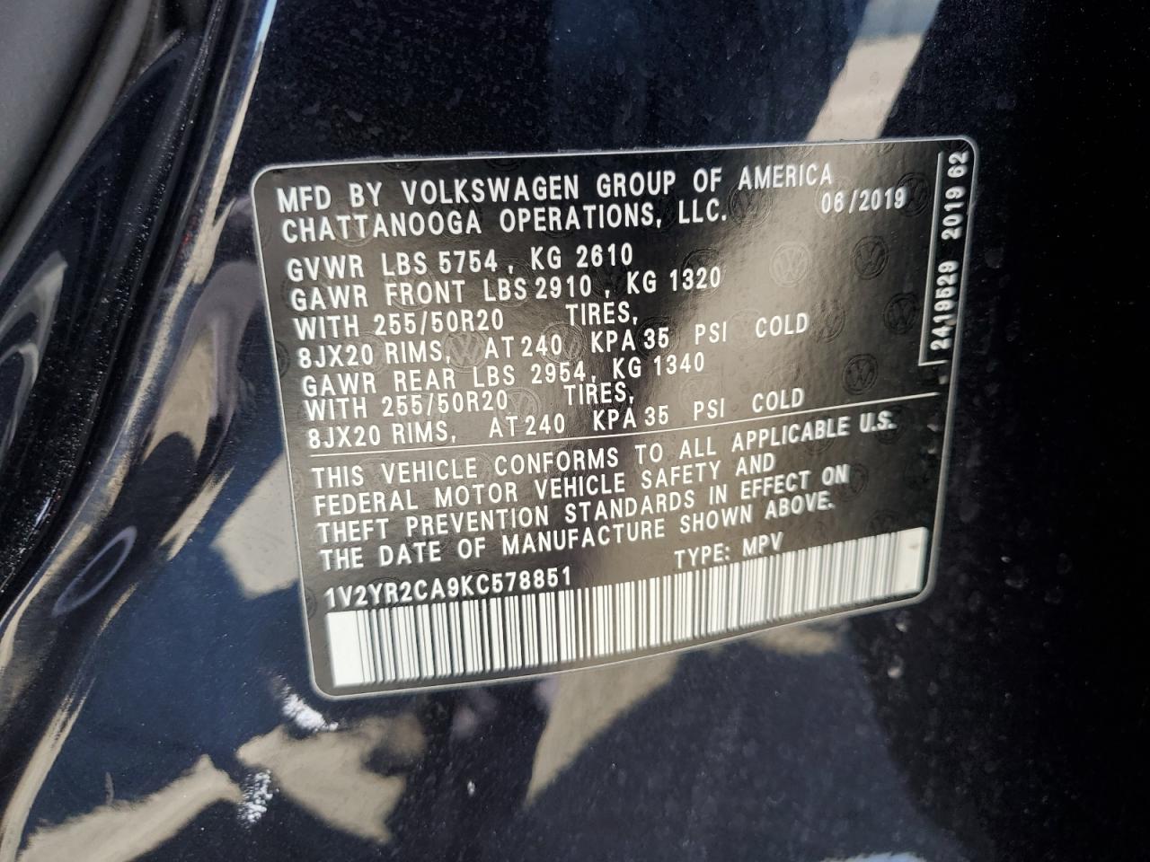 2019 Volkswagen Atlas Se VIN: 1V2YR2CA9KC578851 Lot: 64137355