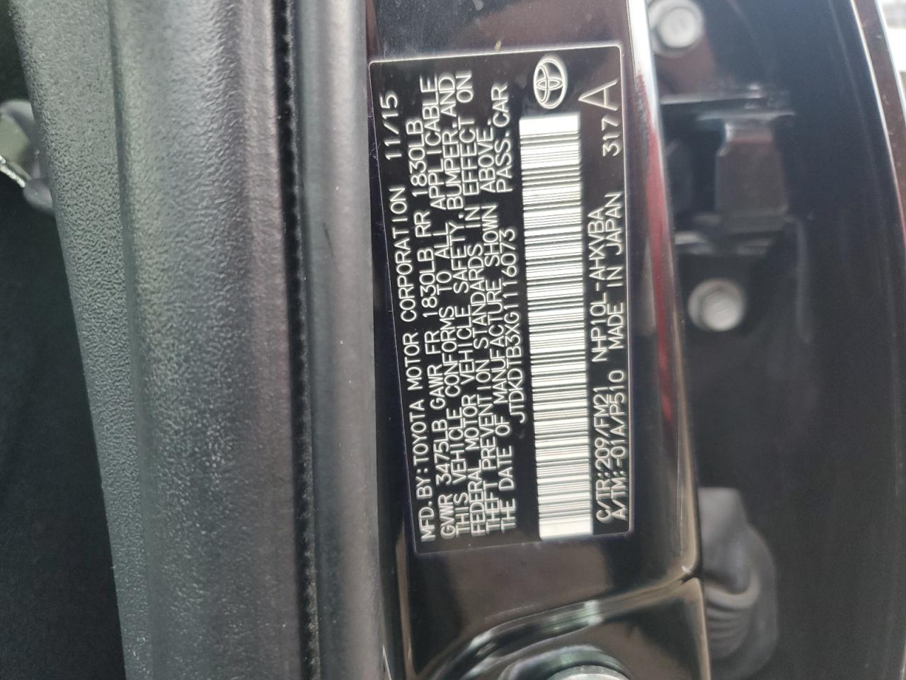 2016 Toyota Prius C VIN: JTDKDTB3XG1116073 Lot: 65562475