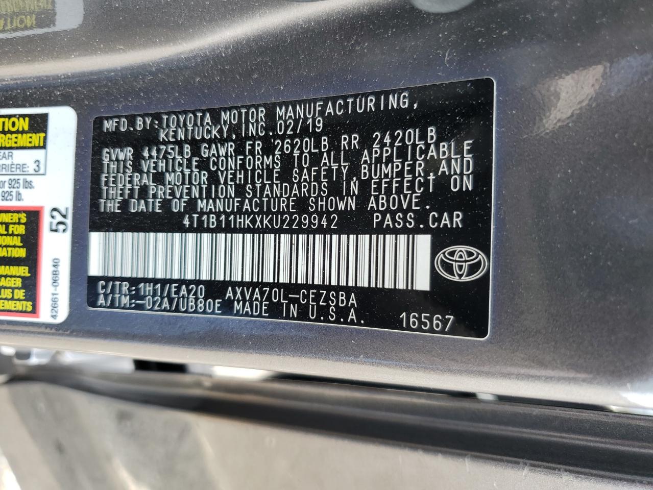 2019 Toyota Camry L VIN: 4T1B11HKXKU229942 Lot: 65023545