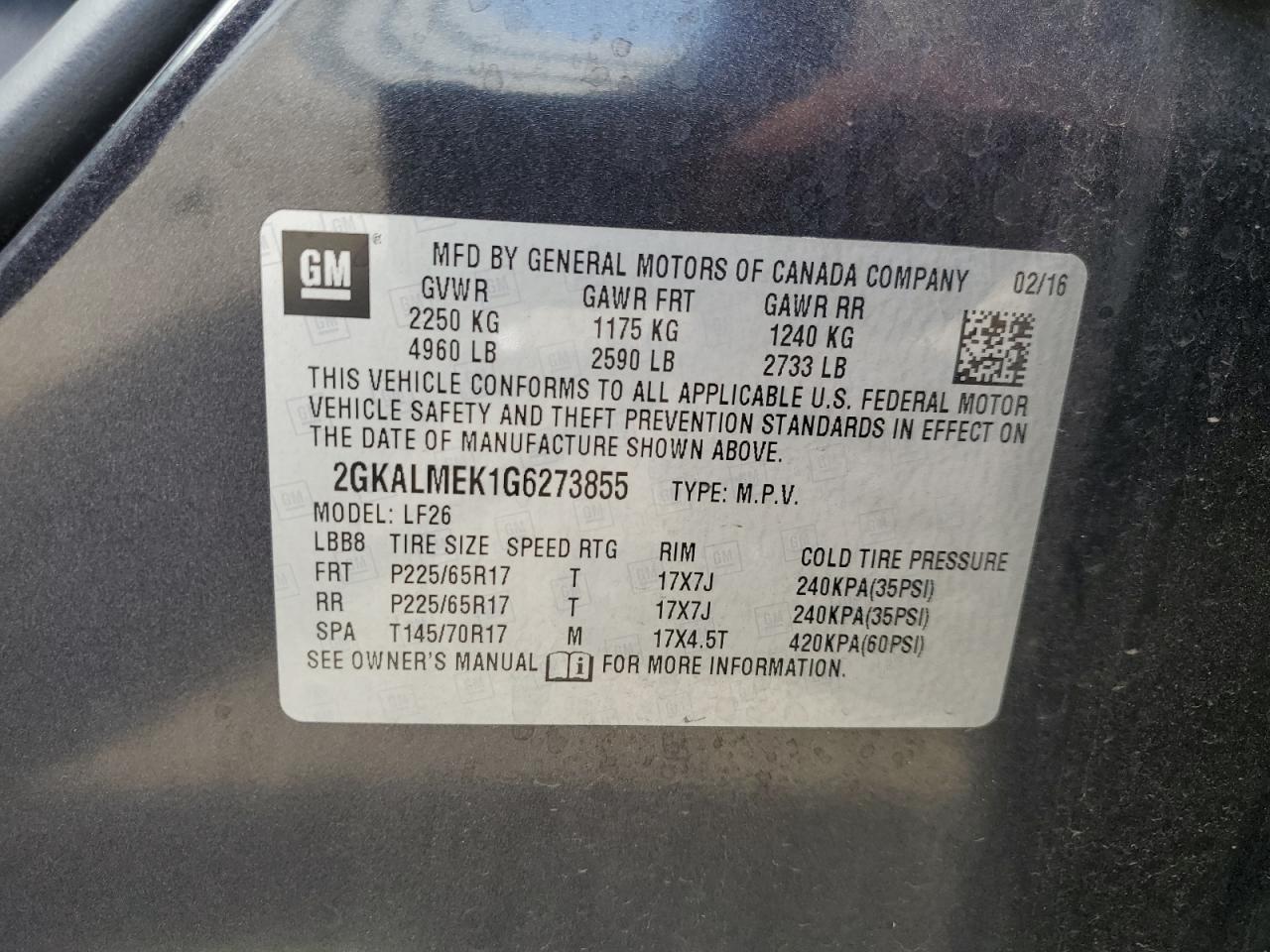 2016 GMC Terrain Sle VIN: 2GKALMEK1G6273855 Lot: 65462545