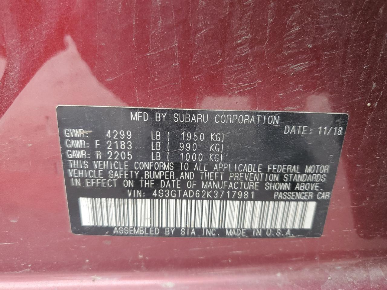 2019 Subaru Impreza Premium VIN: 4S3GTAD62K3717981 Lot: 63726525