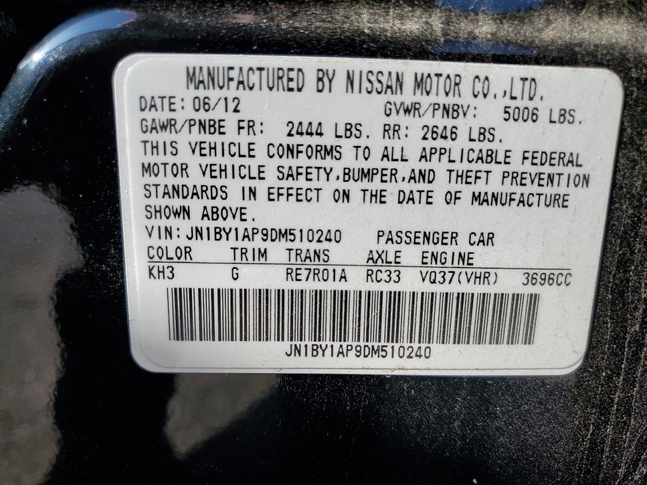 2013 Infiniti M37 VIN: JN1BY1AP9DM510240 Lot: 64282615