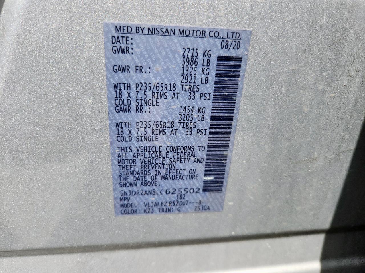 2020 Nissan Pathfinder S VIN: 5N1DR2AN8LC625502 Lot: 63488445