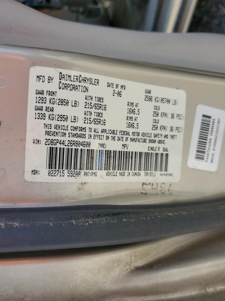 2006 Dodge Grand Caravan Sxt VIN: 2D8GP44L26R804600 Lot: 63555025