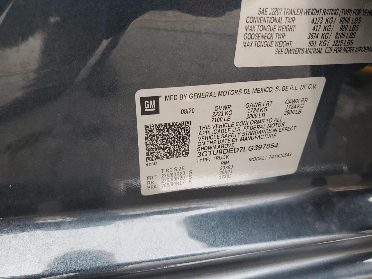 2020 GMC Sierra K1500 Slt VIN: 3GTU9DED7LG397054 Lot: 63016835