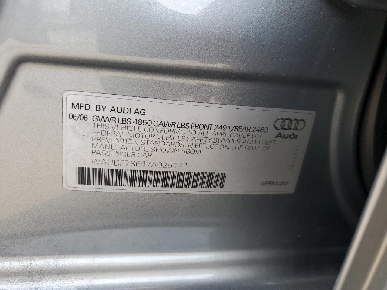 2007 Audi A4 2.0T Quattro VIN: WAUDF78E47A025171 Lot: 65220345