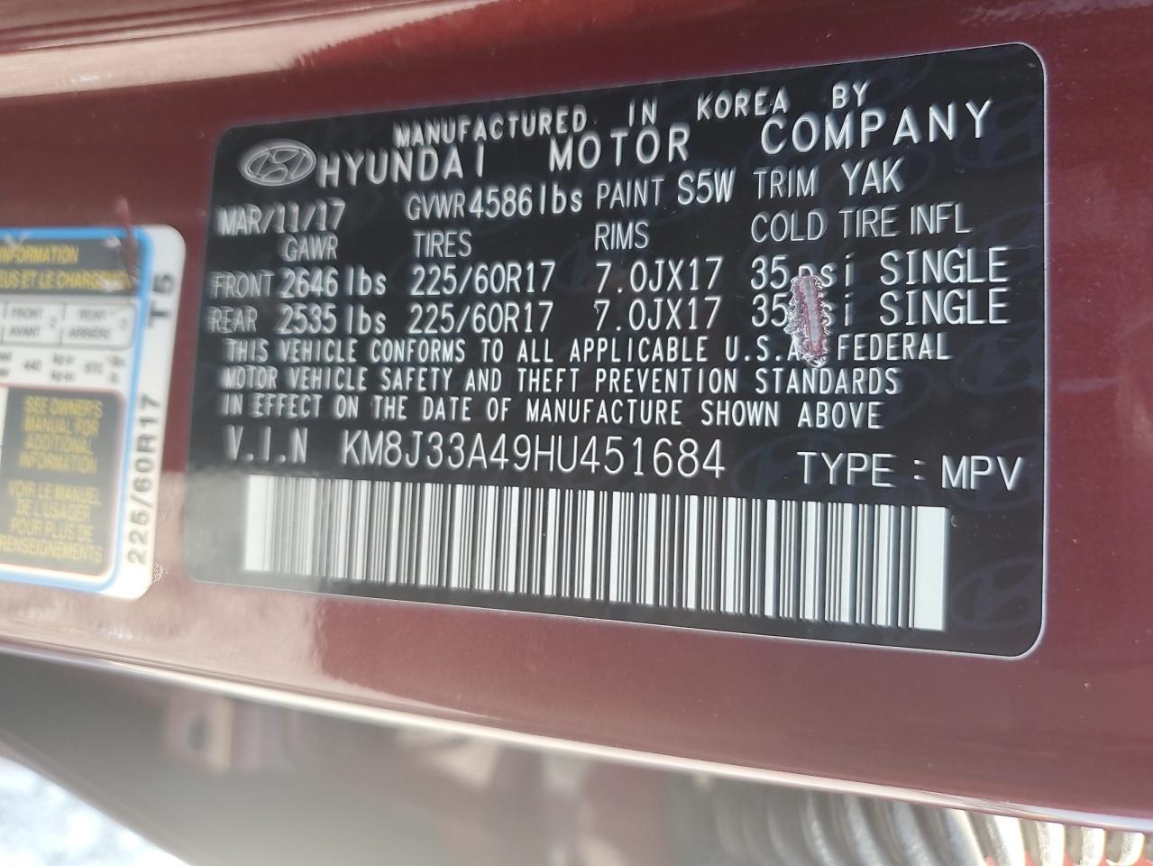 km8j33a49hu451684 KM8J33A49HU451684 2017 Hyundai Tucson Limited